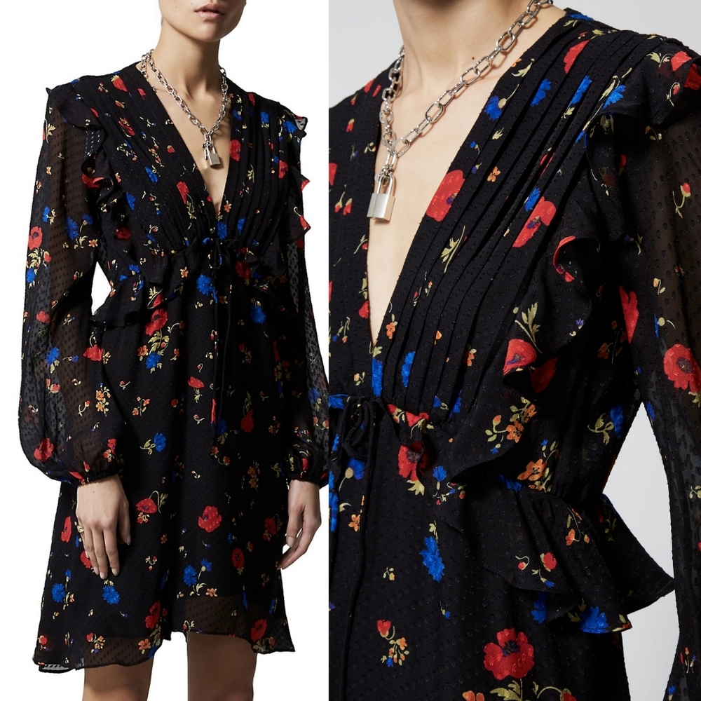 The Kooples Daydream Flowers Floral-Print 100% Silk Babydoll Dress Size XS